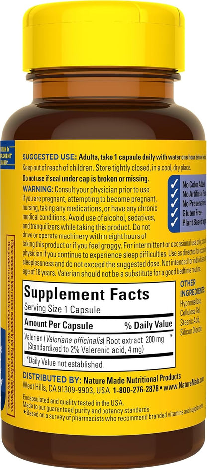 Nature Made Valerian Root for Sleep Support,Melatonin Free Sleep Aid for Adults,30 Valerian Root Capsules,30 Day Supply, (Pack of 2)