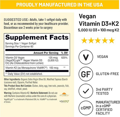 NatureWise Vegan Vitamin D3 + K2 - Natural D3 5000IU + Natural Vitamin K2 100mcg - Bone Support - High Absorption with Organic Cold-Pressed Olive Oil - Non-GMO, (Pack of 2)
