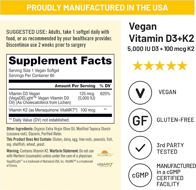 NatureWise Vegan Vitamin D3 + K2 - Natural D3 5000IU + Natural Vitamin K2 100mcg - Bone Support - High Absorption with Organic Cold-Pressed Olive Oil - Non-GMO