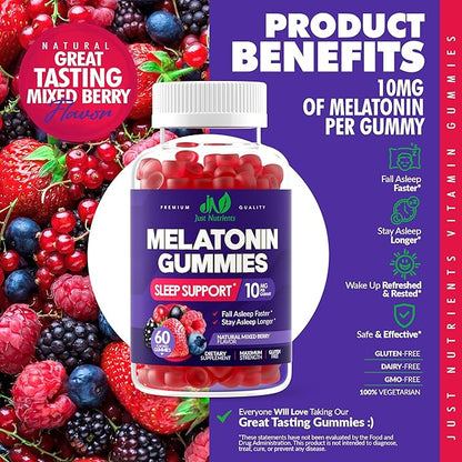 Melatonin 10mg Gummies with 10mg of Melatonin Per Gummy (60 Servings) - Maximum Strength Sleep Support for Adults - Gluten-Free, Non-GMO, Vegetarian, Great Tasting Mixed Berry Flavor - 60 Servings