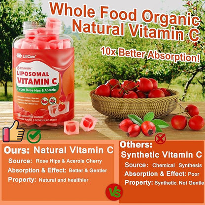 Natural Liposomal Vitamin C Gummies for Adults Kids 9+, Chewable Vitamin C w/ 11mg Zinc, D3, Elderberry, Echinacea, Bioflavonoid,Immune Support, Whole Food VIT C from Fruits, Sugar Free, 2Pack