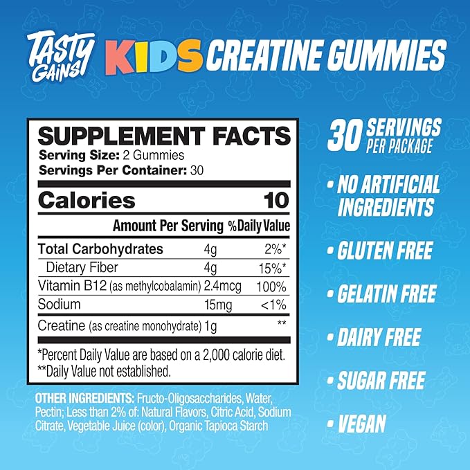 TASTY GAINS Kids Creatine Gummies with Vitamin B12 for Growth Support, Kids Vitamin Gummies for Daily Nutrition Support, Gummy Vitamins for Kids, Easy Chew Supplement for Children