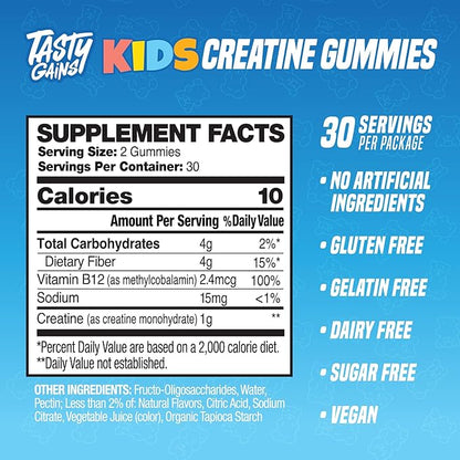 TASTY GAINS Kids Creatine Gummies with Vitamin B12 for Growth Support, Kids Vitamin Gummies for Daily Nutrition Support, Gummy Vitamins for Kids, Easy Chew Supplement for Children