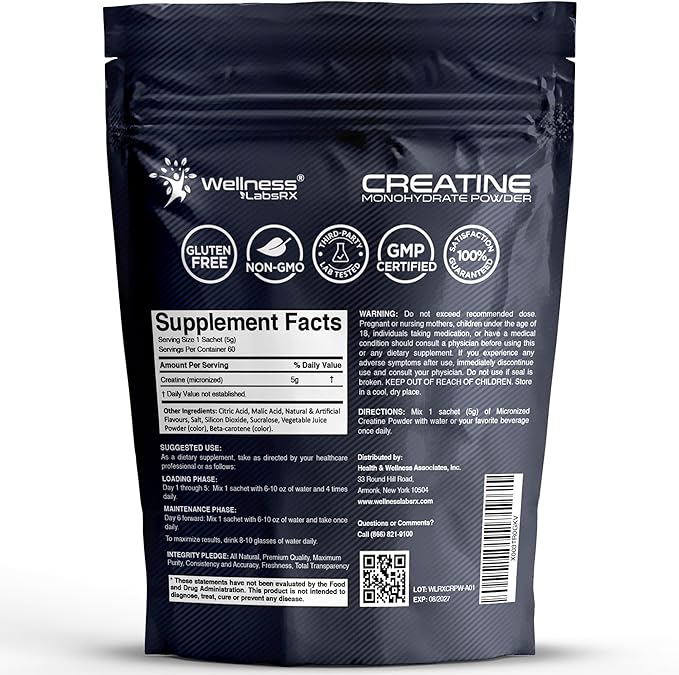 WELLNESS LABSRX Creatine Monohydrate Powder Sachets 300g – Fruit Punch Flavor Micronized Creatine Powder Supplement, Creatine for Women and Men, Supports Strength, Energy, Performance - 60 Servings
