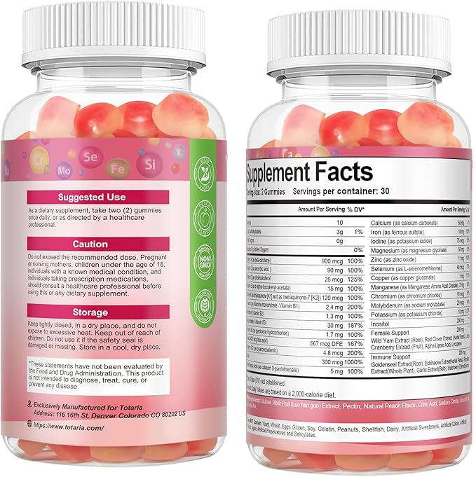 Totaria Sugar Free Multivitamin Gummies for Women 14+ w/Iron, Inositol, Folate, Biotin, Womens Daily Multivitamin Gummy w/Vitamin A, C, B, D3, K2, for Hair, Skin, Energy, Immune, Peach Flavor