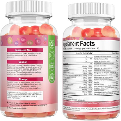 Totaria Sugar Free Multivitamin Gummies for Women 14+ w/Iron, Inositol, Folate, Biotin, Womens Daily Multivitamin Gummy w/Vitamin A, C, B, D3, K2, for Hair, Skin, Energy, Immune, Peach Flavor