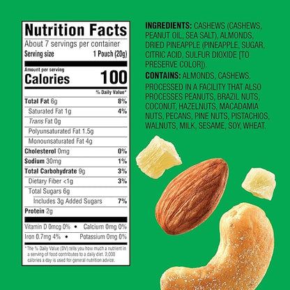 Emerald Nuts Cashews and Almonds with Dried Pineapple 7 Ct (1-Pack), 100-Calorie Individual Packs of Mixed Nut Blend and Dried Fruit