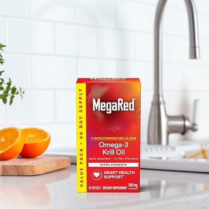 MegaRed Antarctic Krill Oil 500mg Omega 3 Fatty Acid Supplement, Extra Strength EPA & DHA Krill Oil Softgels (90cnt Box), Astaxanthin, Heart Health Supplement with No Fish Oil Aftertaste