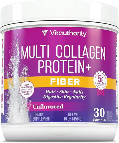 Vitauthority Multi Collagen Protein Powder + Fiber Supplement Collagen Types I, II, III, V & X | Hair, Skin, Nail, & Digestive Support | Vitamin C & Hyaluronic Acid, Unflavored 30 Servings