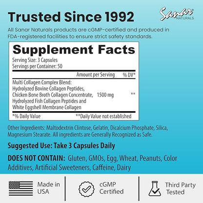 Sanar Naturals Multi Collagen Pills Type I, II, III, V, X | Extra Strength Hair, Nail, Skin, Bone & Joint Support | Hydrolyzed Collagen Supplement for Women and Men | Non-GMO, 150 Capsules