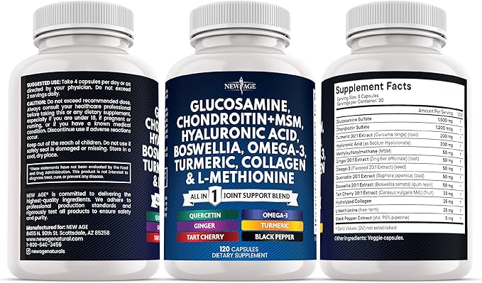 Glucosamine Chondroitin, MSM, Turmeric Curcumin, Collagen, Hyaluronic Acid, Omega 3 – Joint Health Supplement for Men & Women – 120 Count