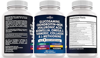 Glucosamine Chondroitin, MSM, Turmeric Curcumin, Collagen, Hyaluronic Acid, Omega 3 – Joint Health Supplement for Men & Women – 120 Count