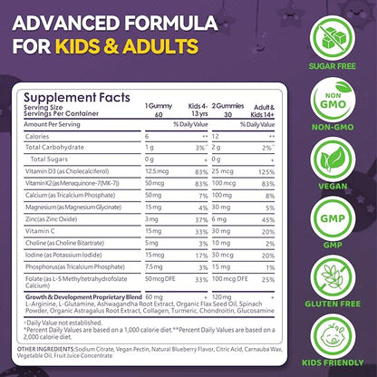 Height Growth Gummies for Kids & Teens - Calcium, Vitamin D3 + K2, Zinc, Magnesium, L-Arginine - Teen Multivitamin Gummies for Children Bone Strength and Immunity - 60 Gummies