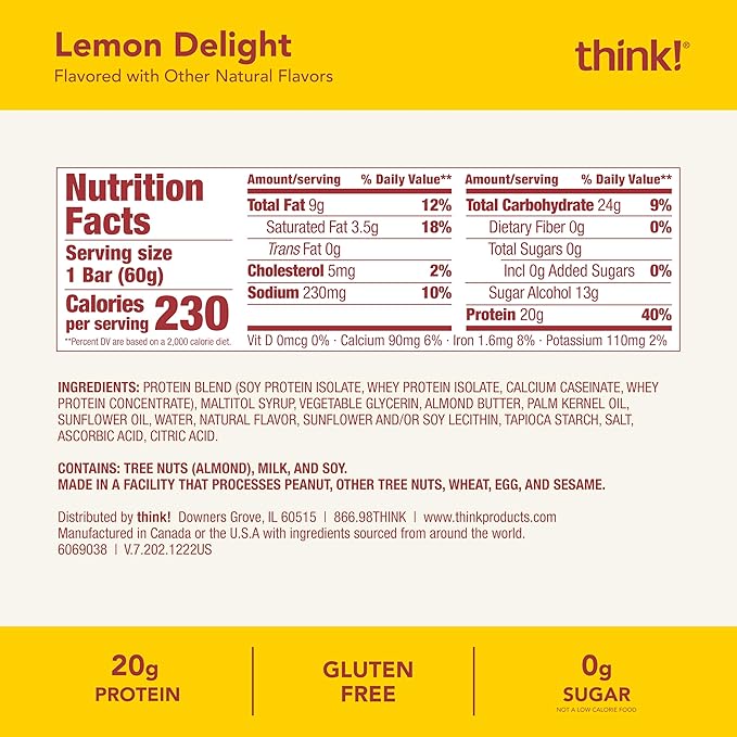 think! Protein Bars, High Protein Snacks, Gluten Free, Kosher Friendly, Lemon Delight, Nutrition Bars, 2.1 Oz per Bar, 10 Count (Packaging May Vary)