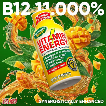 Vitamin Energy B12 11,000% Extra Strength Energy Shot Mango 48 Pack, 260mg Natural Caffeine, B12 & B6, Nootropic Focus, Vitality, Zero Sugar, Gluten-Free, Vegan, Kosher, 1.93 fl oz