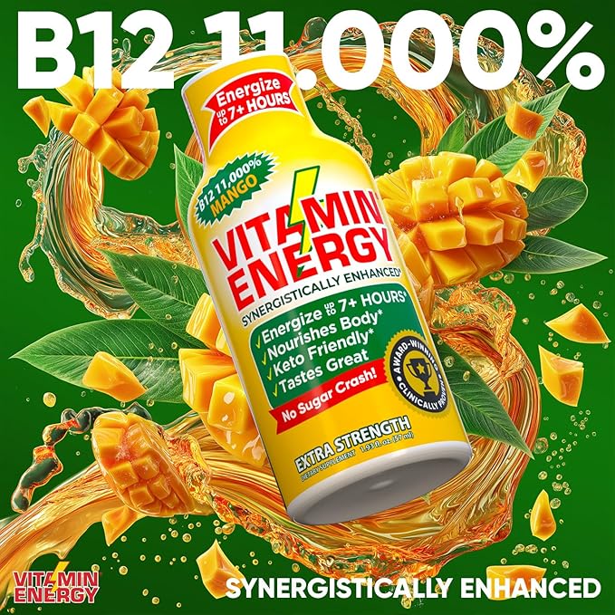 Vitamin Energy B12 11,000% Extra Strength Energy Shot Mango 10 Pack, 260mg Natural Caffeine, B12 & B6, Nootropic Focus, Vitality, Zero Sugar, Gluten-Free, Vegan, Kosher, 1.93 fl oz