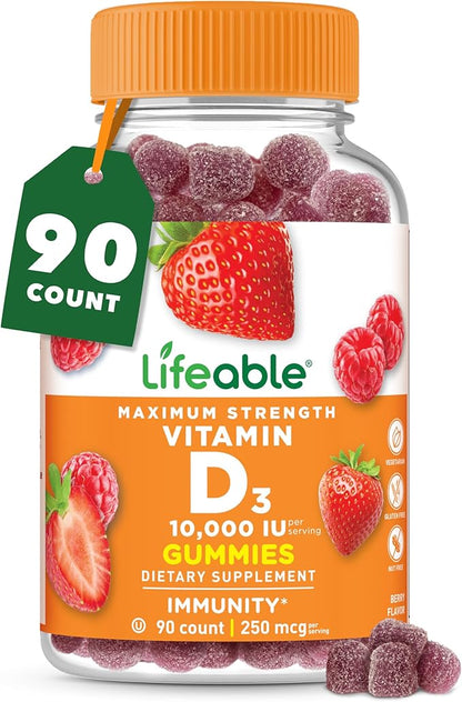 Lifeable Vitamin D3 10000IU | Great Tasting Bone Strength Supplements | Vitamin D3 Gummies for Bone Health | Vitamin D Gummies for Adults, Men, Women | 90 Gummies