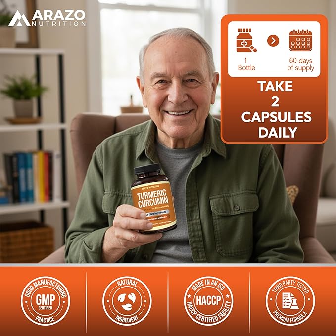 Arazo Nutrition Turmeric Curcumin with BioPerine Black Pepper Extract - 1300mg Per Serving - Joint Support Nutritional Supplements - 100% Herbal Tumeric Root Capsules