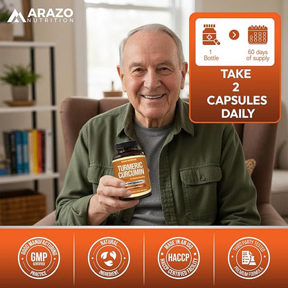 Arazo Nutrition Turmeric Curcumin with BioPerine Black Pepper Extract - 1300mg Per Serving - Joint Support Nutritional Supplements - 100% Herbal Tumeric Root Capsules