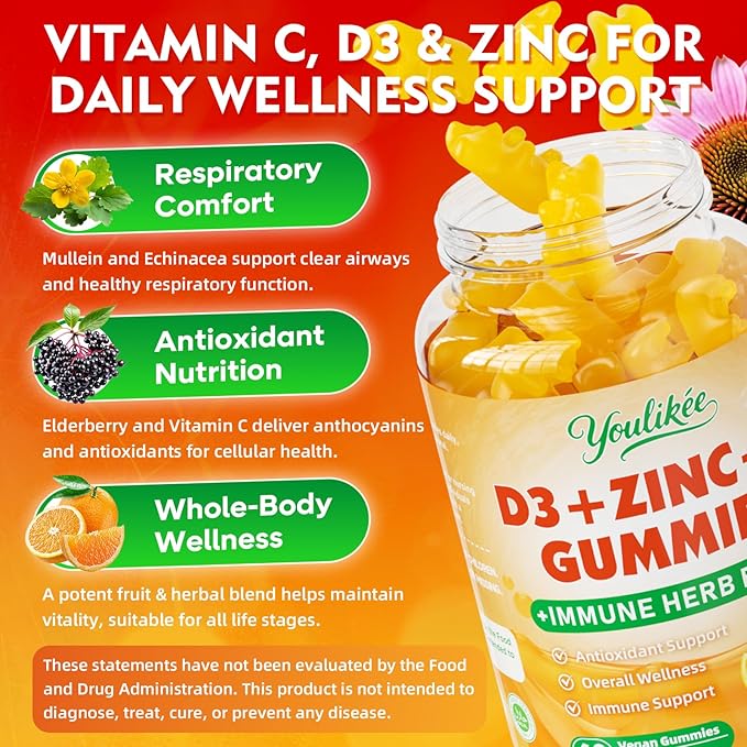 Vitamin C + D3 + Zinc Gummies for Adults, Immune Support Supplement with Elderberry, Echinacea & Mullein Leaf - Antioxidant Support, Sugar Free, Orange Flavor, 60 Count