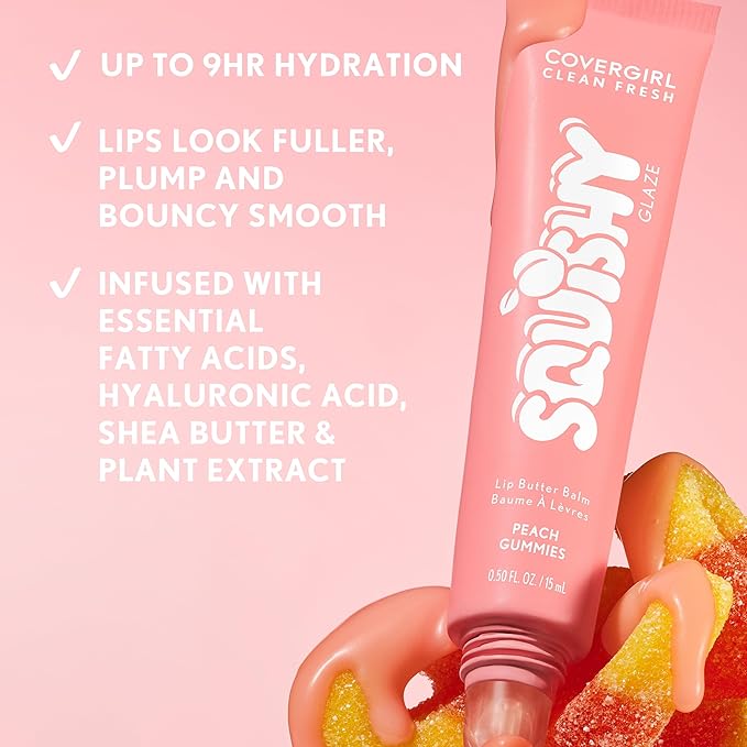 COVERGIRL Clean Fresh Squishy Glaze™ Lip Butter Balm, Flavored, Non-Sticky, with Vitamin E & Shea Butter – 180 Peach Gummies (Sheer Peach Pink)