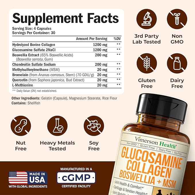 Glucosamine Chondroitin MSM with Hydrolyzed Collagen Peptides - Joint Support Supplement with Quercetin, Bromelain & Boswellia Extract - Collagen pills for Hair Skin Nails - FSA Eligible 2 Pack