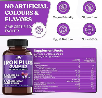 Iron Gummies Supplements for Women, Men and Kids – Health Blood & Energy Support for Iron Deficiency, Anemia, No After Taste- Fresh Grape Flavor- 100 Gummies (50 Days Supply)