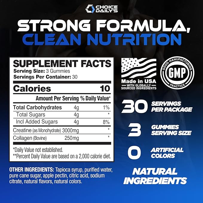 Creatine Gummies - 90 Vegan Friendly Chews - USA Made - Boosts Recovery - Builds Muscle - Enhanced Cognitive Benefits (Large, Blue Raspberry)