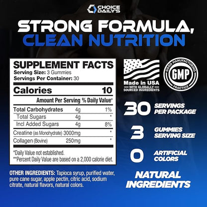 Creatine Gummies - 90 Vegan Friendly Chews - USA Made - Boosts Recovery - Builds Muscle - Enhanced Cognitive Benefits (Large, Blue Raspberry)