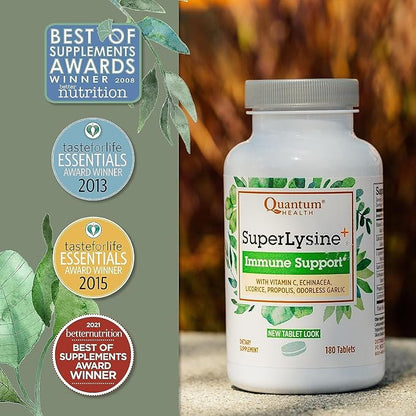 Quantum Health SuperLysine+ Advanced Formula Immune Support Supplement Lysine 1500 mg, Vitamin C Echinacea Licorice Bee Propolis & Odorless Garlic - 180 Tablets (Pack of 2)