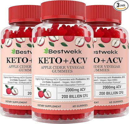 Apple Cider Vinegar Gummies, Max Strength 2000mg ACV Gummy with Probiotics, B12 and Keto Support, For Digestion, Metabolism, Detox, Gut & Immune Health, Gelatin-Free, Non-GMO, 180 keto acv gummies