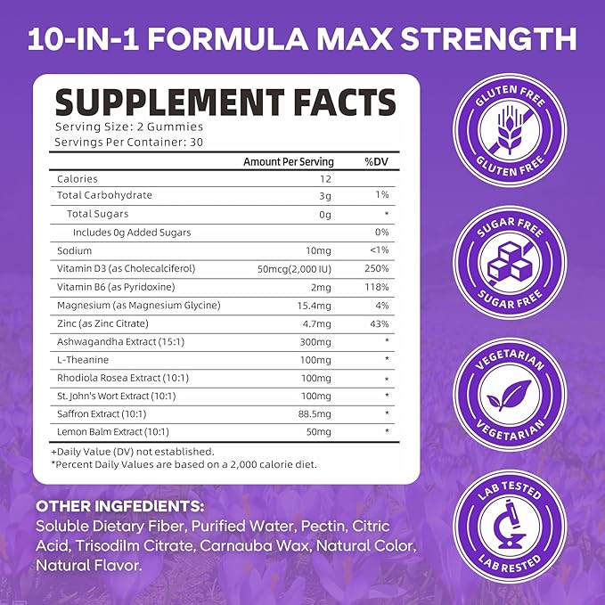 Saffron Gummies for Kids & Adults, 10-in-1 Cortisol Supplement with Saffron 88.5mg, Vitamin D3, B6, Magnesium, Zinc, Ashwagandha, L-Theanine, St. John's Wort, for Emotions, Zzz, 60 Count
