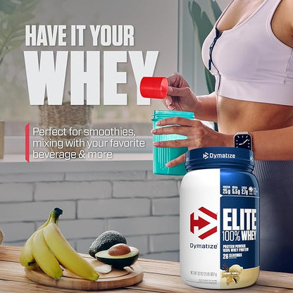 Dymatize Elite 100% Whey Protein Powder, L-Leucine, Quick Absorbing & Fast Digesting for Optimal Muscle Recovery, Gourmet Vanilla, 32 Oz