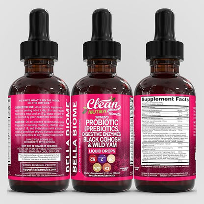 Liquid Probiotics for Women Drops with Chasteberry, Black Cohosh, Prebiotics, Digestive Enzymes, Evening Primrose Oil, Wild Yam, Cranberry Dmannose and Iron Vitamin D3 K2 Clean Nutra Bella Biotics (2)