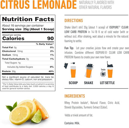 Isopure Clear Whey Isolate Citrus Lemonade Protein Powder 16 Servings + 1 Bottle of Clear Protein Water with Electrolytes, 15g Whey Protein Isolate, Zero Sugar, Mixed Berry, 20 fl oz Bottle