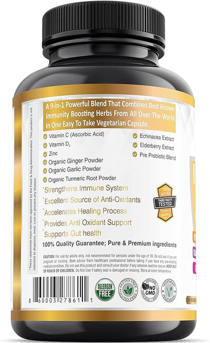 9-in-1 Immune Support Vitamin C (1000mg), Vitamin D3 (5000 IU), Zinc(22mg) with Elderberry, Turmeric, Echinacea, Ginger, Garlic and Pre+Pro-Biotic per Serving (120 caps per Bottle - 2 Month Supply)