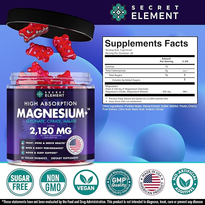 Magnesium Glycinate 2150 MG Gummies, High Absorption Magnesium Glycinate, Citrate & Malate, Sugar-Free, Vegan, Chews for Men & Women, 60 Gummies, Cherry Flavor– 60 Wild Cherry Flavor Chews