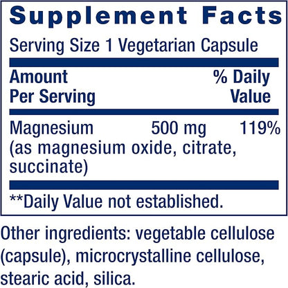 Life Extension Magnesium Caps, 500 mg, Magnesium Succinate, Heart Health, Healthy Bones, Metabolism Support - Pack of Two - 2 x 100 Vegetarian Capsules
