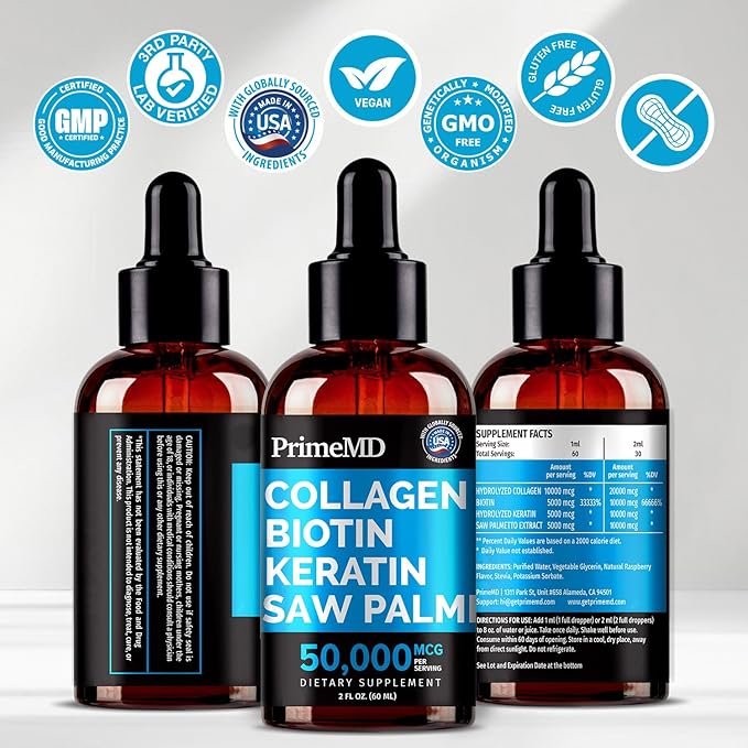 Liquid Collagen Peptides for Women - Serum Complex with Biotin Vitamin, Hydrolyzed Keratin Protein and Saw Palmetto - Comprehensive Formula for Hair, Skin, and Nails Wellness - 2fl oz (Pack of 1)