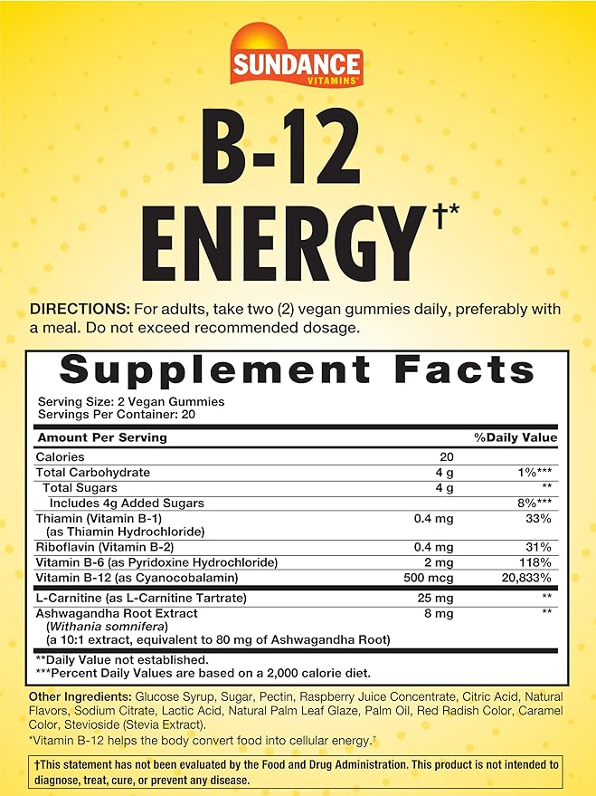 Sundance Vitamins B-12 Energy Gummies | Peach Raspberry Flavor | 40 Count | Vegan | Non-GMO and Gluten Free