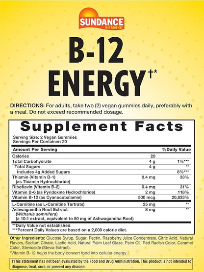 Sundance Vitamins B-12 Energy Gummies | Peach Raspberry Flavor | 40 Count | Vegan | Non-GMO and Gluten Free