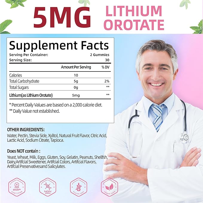 Lithium Orotate 5mg Gummies | Plant-Powered Bioavailable Chewable Lithium Supplement | Support for Daily Tension Balance & Healthy Aging | Non-GMO, Vegan, Gluten-Free | 60 Counts