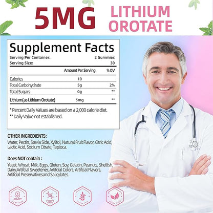 Lithium Orotate 5mg Gummies | Plant-Powered Bioavailable Chewable Lithium Supplement | Support for Daily Tension Balance & Healthy Aging | Non-GMO, Vegan, Gluten-Free | 60 Counts