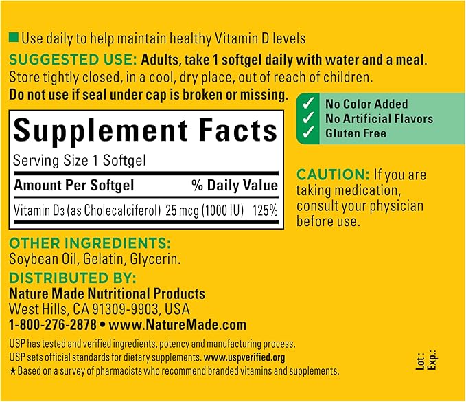 Nature Made Vitamin D3 1000 IU (25 mcg), Vitamin D Supplement for Bone, Teeth, Muscle and Immune Health Support, 180 Softgels, 180 Day Supply
