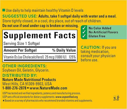 Nature Made Vitamin D3 1000 IU (25 mcg), Vitamin D Supplement for Bone, Teeth, Muscle and Immune Health Support, 180 Softgels, 180 Day Supply