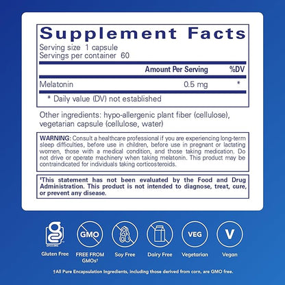 Pure Encapsulations Melatonin 0.5 mg - Natural Sleep Helper for Bedtime - Regulates Sleep-Wake Cycle - 0.5 mg Melatonin - Vegan & Non-GMO - 60 Capsules