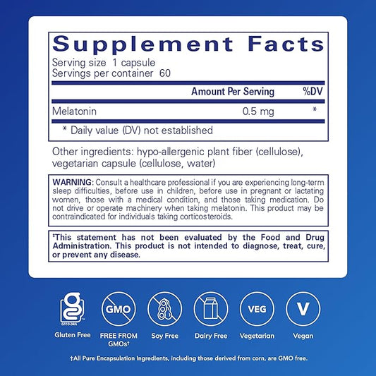 Pure Encapsulations Melatonin 0.5 mg - Natural Sleep Helper for Bedtime - Regulates Sleep-Wake Cycle - 0.5 mg Melatonin - Vegan & Non-GMO - 60 Capsules