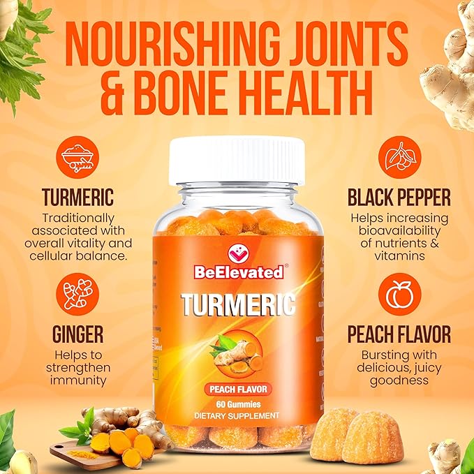 Curcumin Turmeric Gummies – Extra Strength 2000mg Turmeric and Ginger Supplement Gummies with Black Pepper – Vegan and Non-GMO, Peach Flavor - Pack of 2
