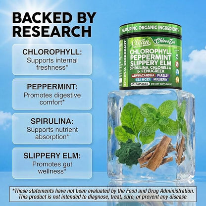Clean Nutra Chlorophyll Capsules + Peppermint Slippery Elm Spirulina Chlorella Fenugreek Ashwagandha Sea Moss Supplement – Ph Balance for Women Detox Internal Deodorant Supplement + Prebiotics 60 Ct