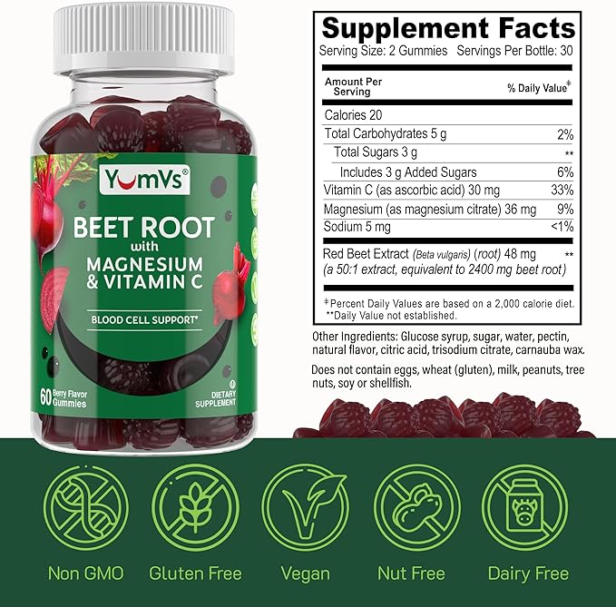 YumVs Beet Root Gummies with Magnesium & Vitamin C – Berry Flavor Beetroot Gummies – Nitric Oxide Support for Heart Health & Antioxidant Wellness – Vegan, Non-GMO – 60 Gummies